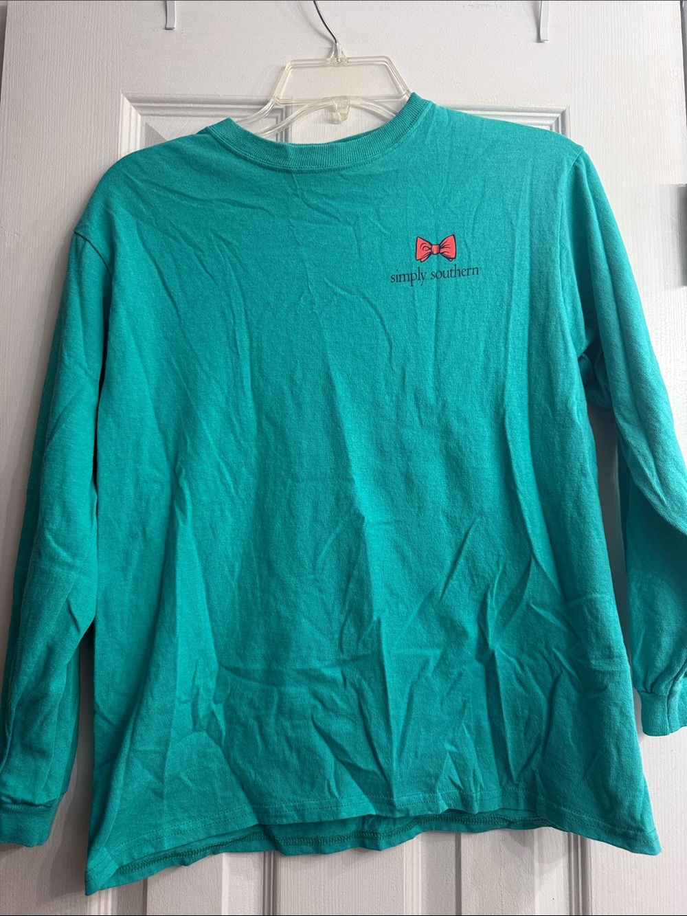 Simply Southern Teal Long Sleeve Kids Tee with Red Bow Logo size L